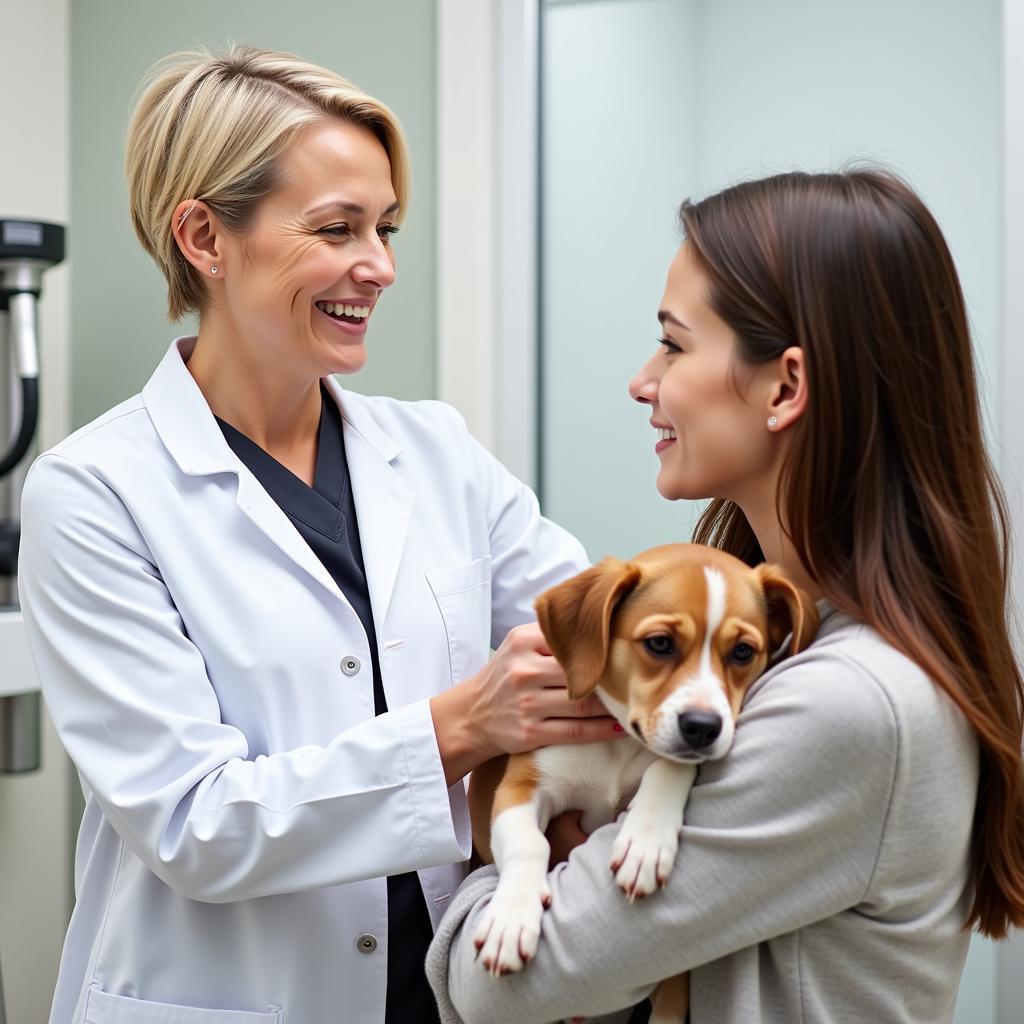 Veterinarian talking to pet owner in exam room