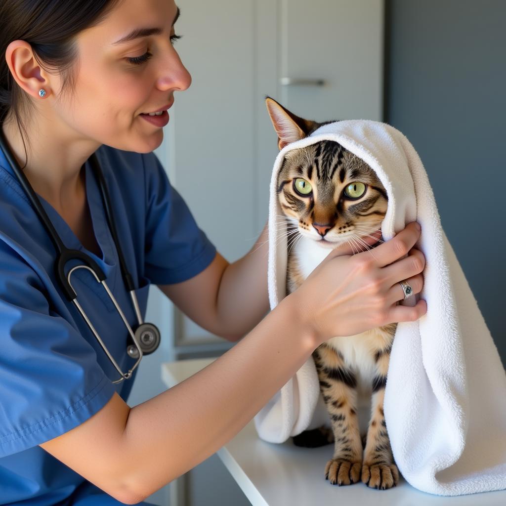 Veterinarian technician comforting cat during an exam