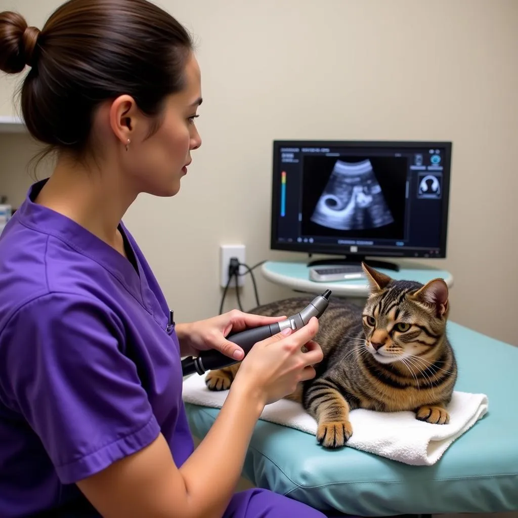 Veterinarian using an ultrasound machine on a cat