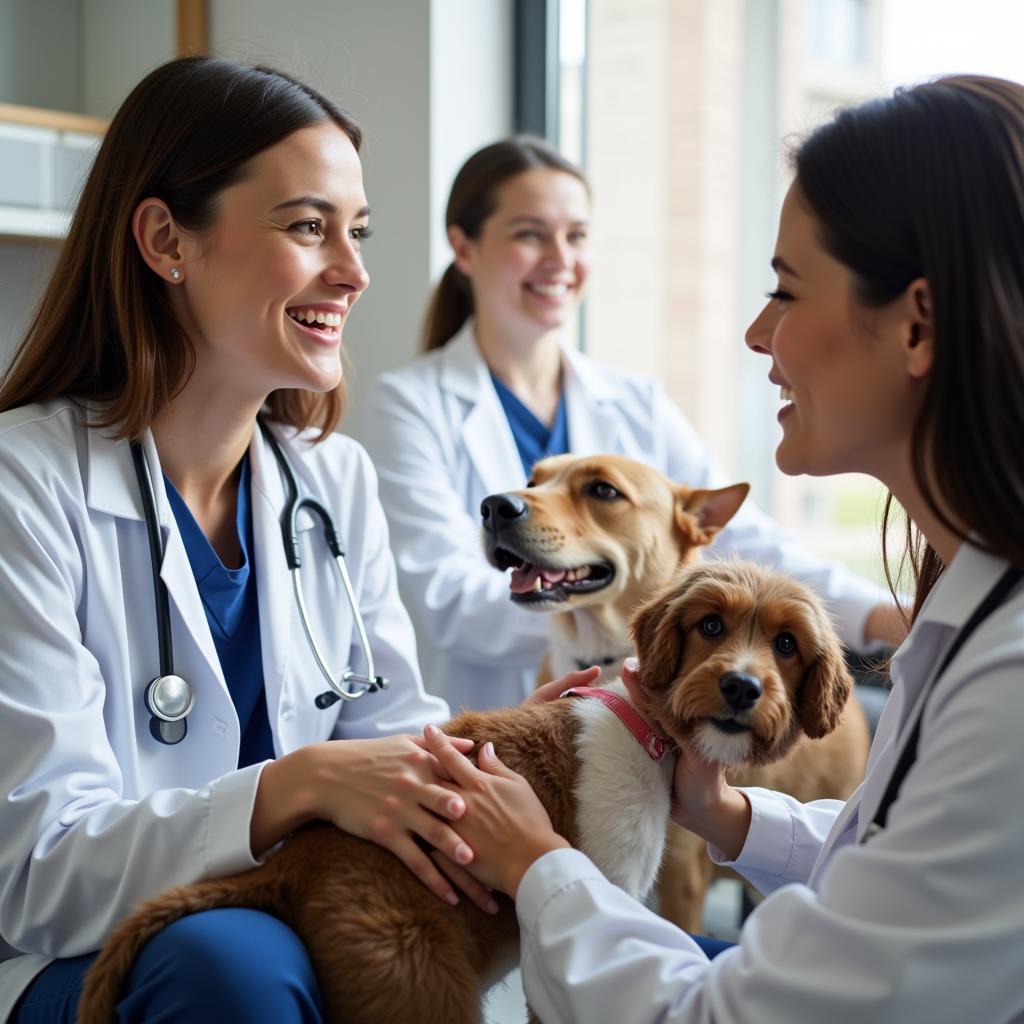 Veterinarians and veterinary technicians interacting with animals and their owners.