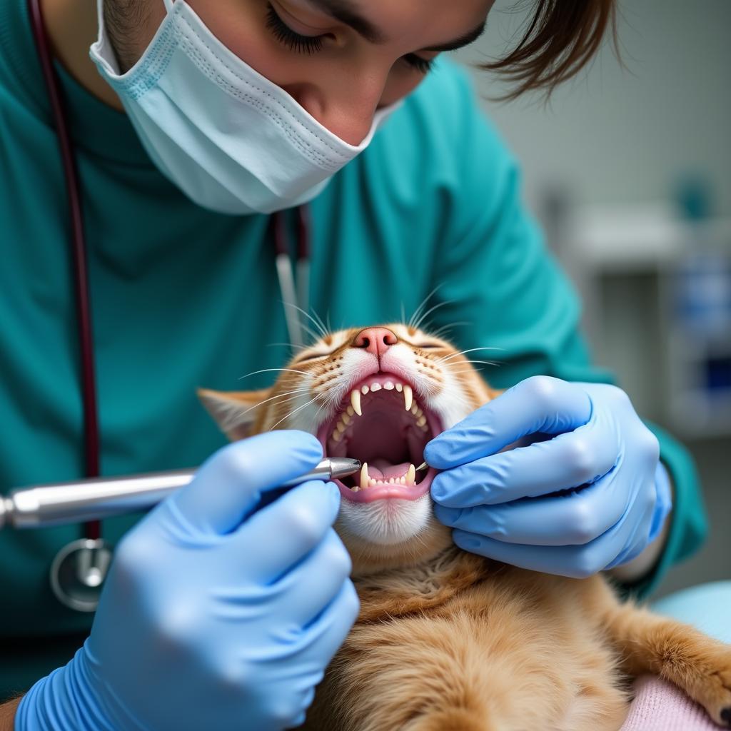 veterinarian performing dental cleaning on a cat