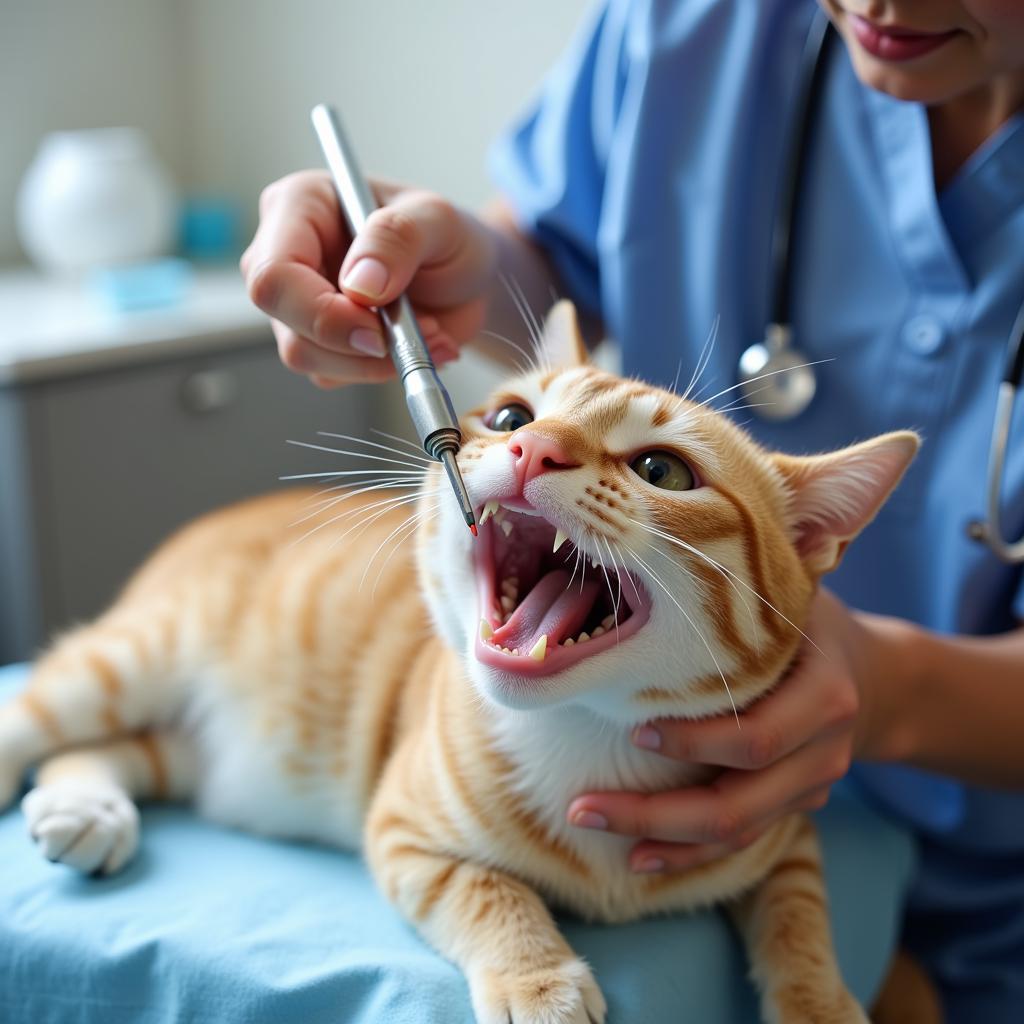 Veterinarian performing a dental check-up on a cat