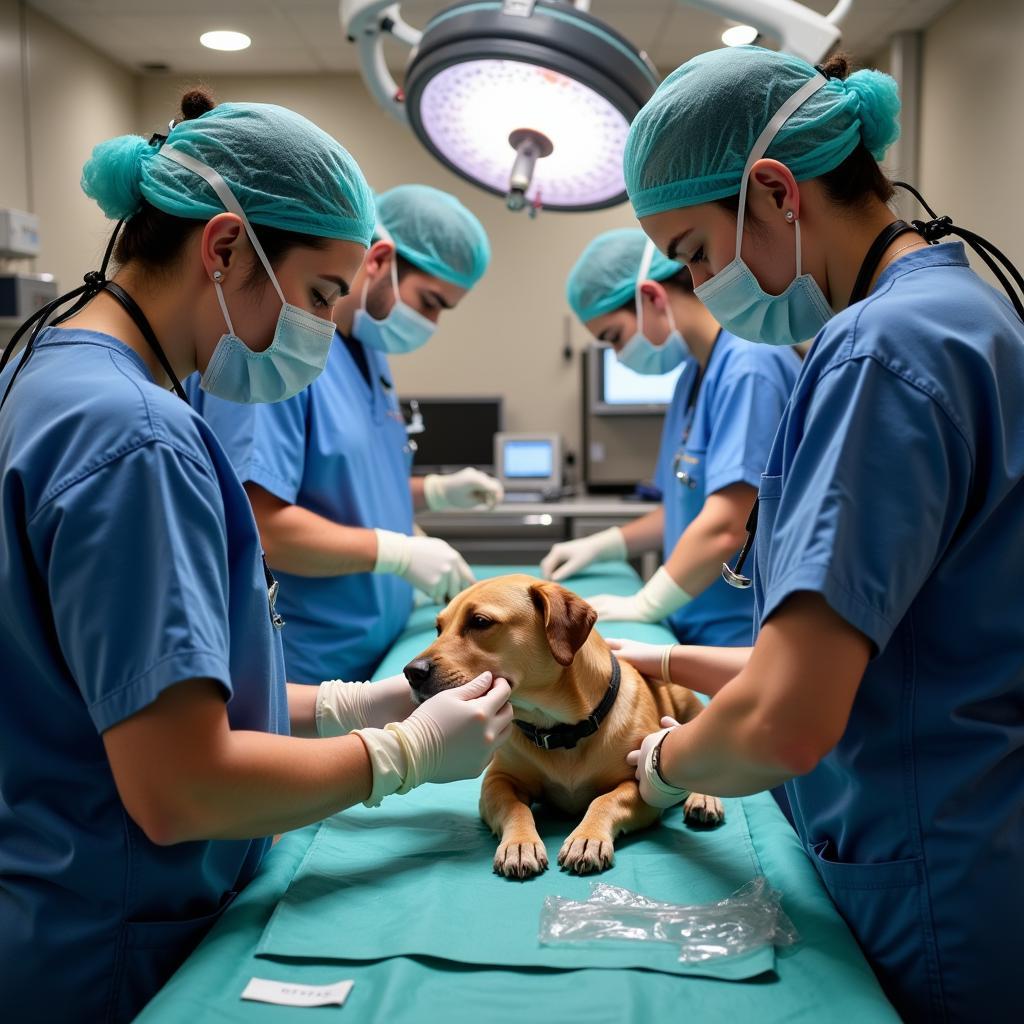 A team of veterinary professionals responding to an emergency