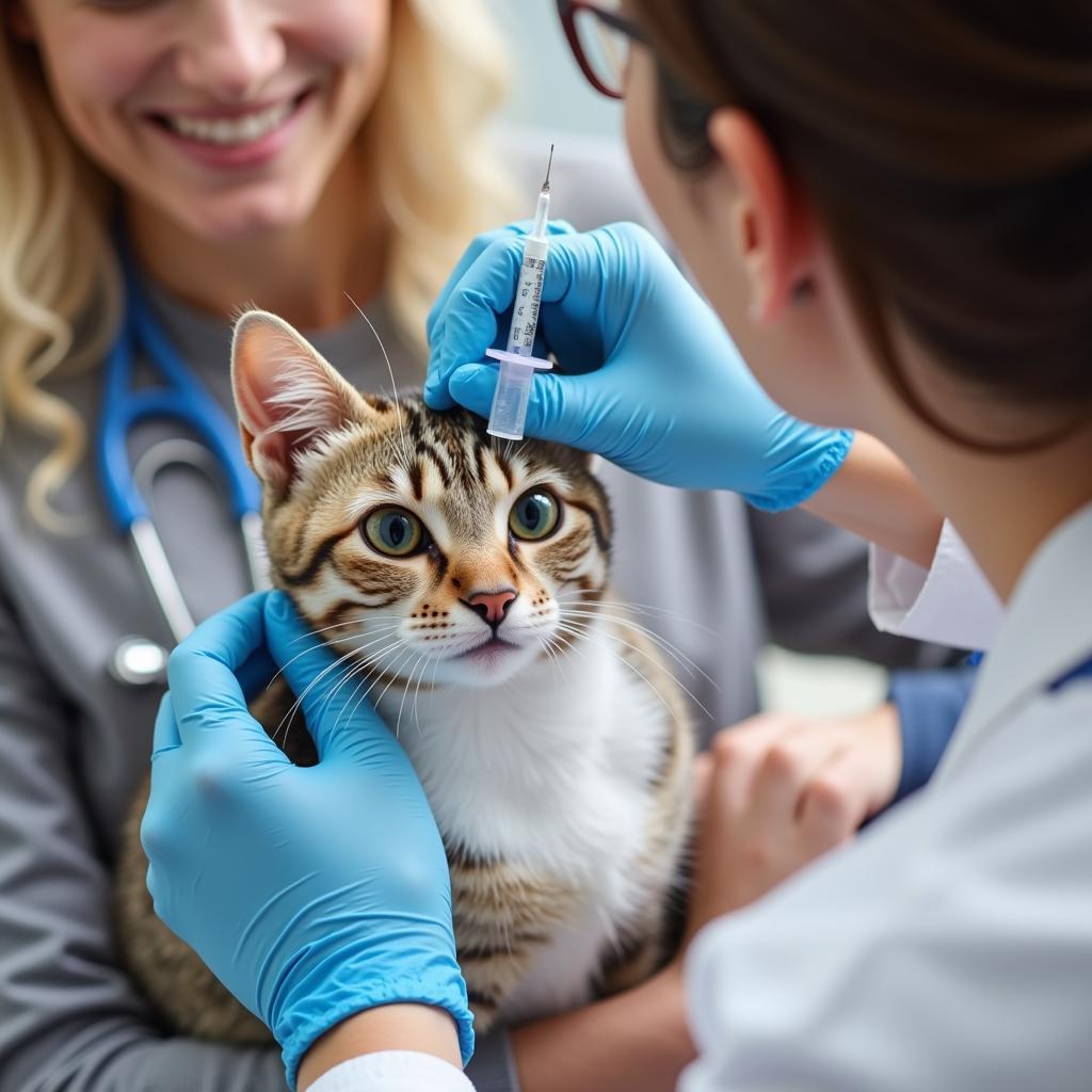 A cat receiving a vaccination