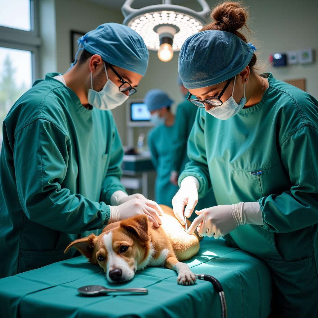 Veterinarian and veterinary technician performing surgery on a dog