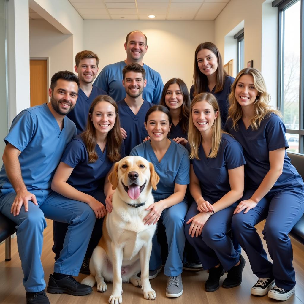 Veterinary team smiling with a dog and its owner.