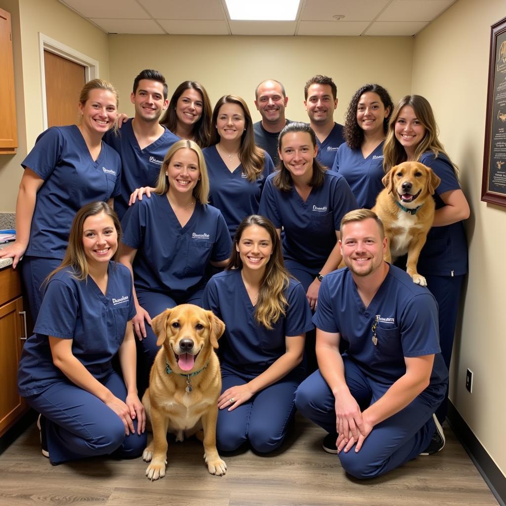  A friendly and welcoming veterinary team smiling warmly, surrounded by happy and healthy pets.