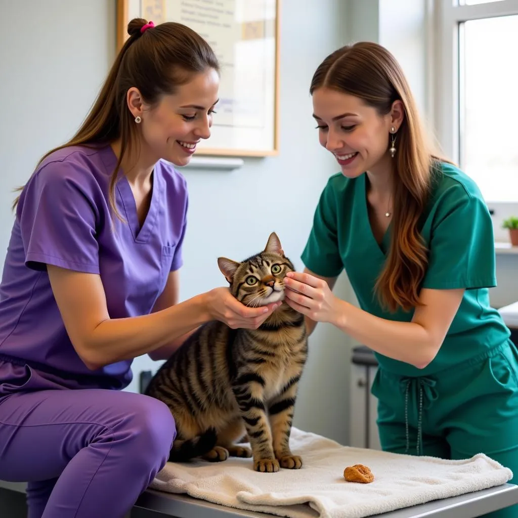 Veterinary Team Comforting a Cat in Exeter Veterinary Hospital