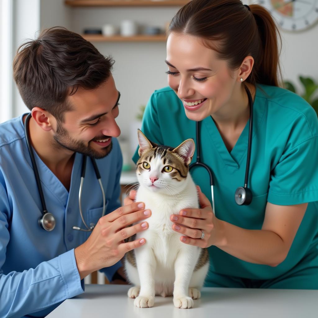 Veterinary Team Comforting Cat and Owner