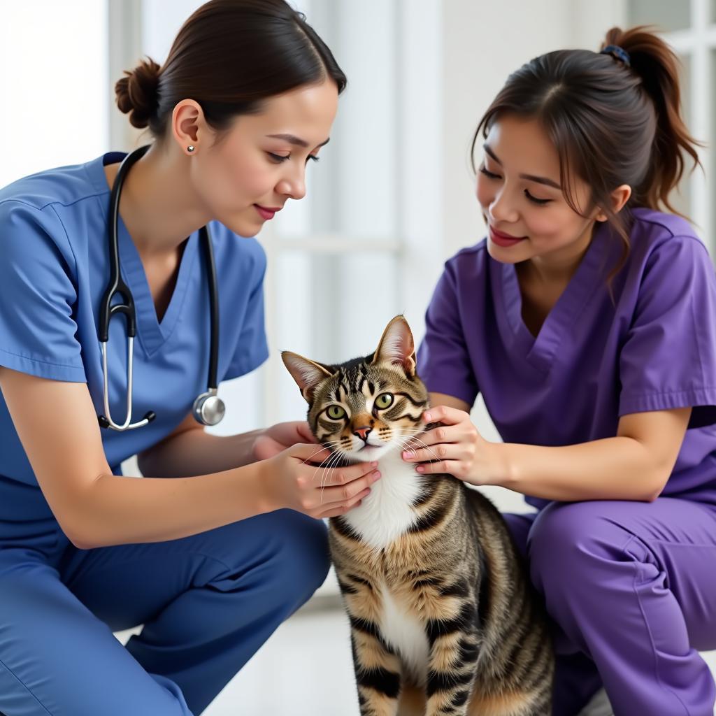 Veterinary team comforting a cat