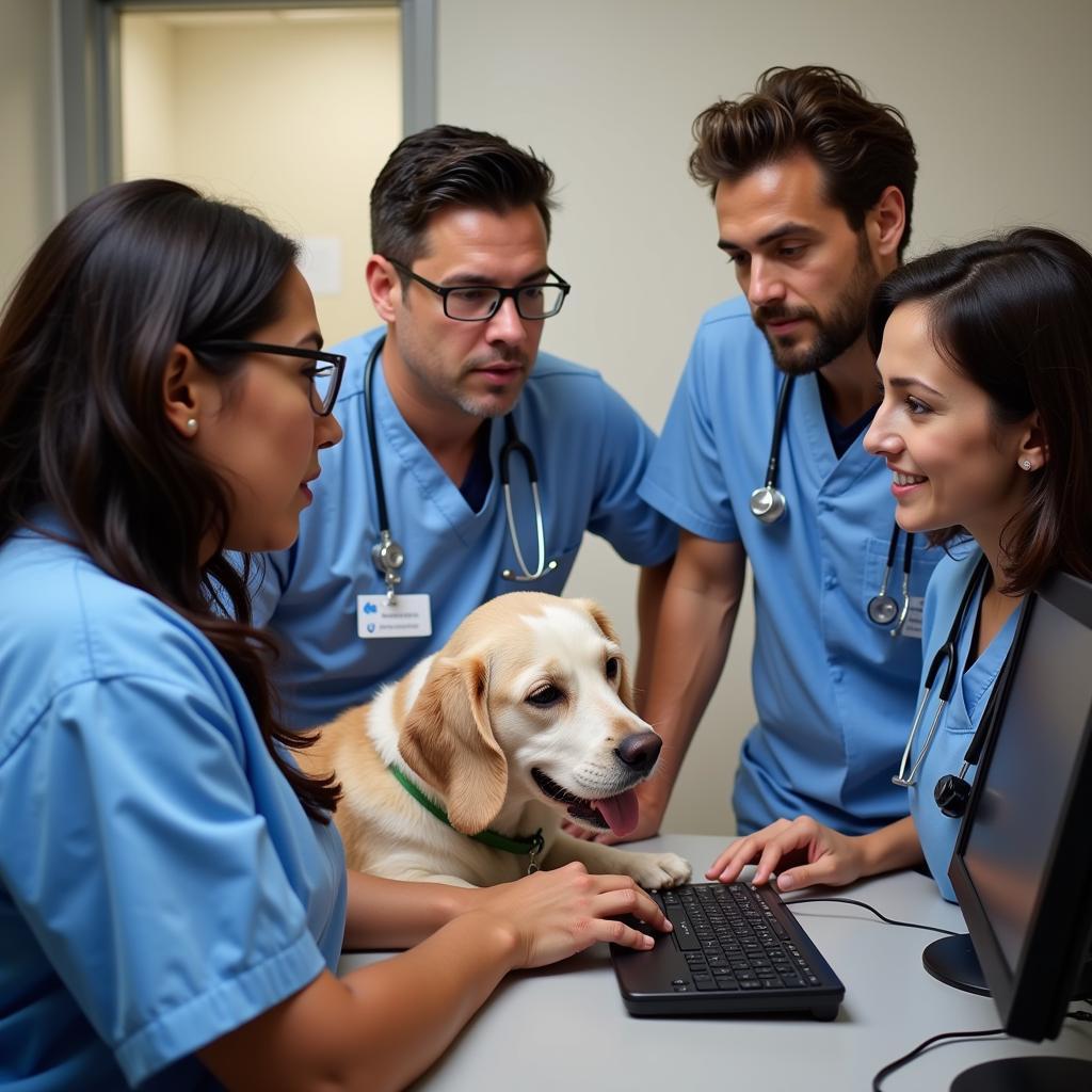 Veterinary team collaborating on a treatment plan