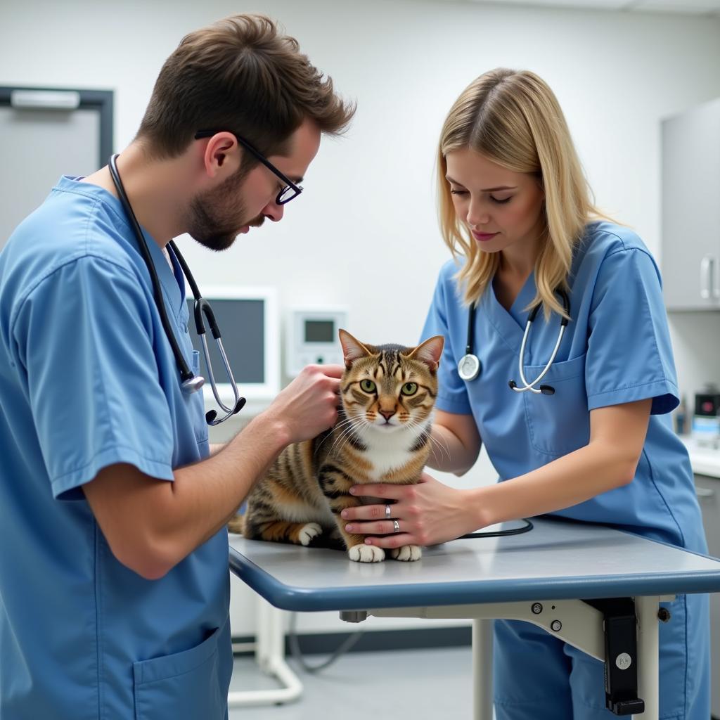 Veterinary Team Examining Cat in Exam Room