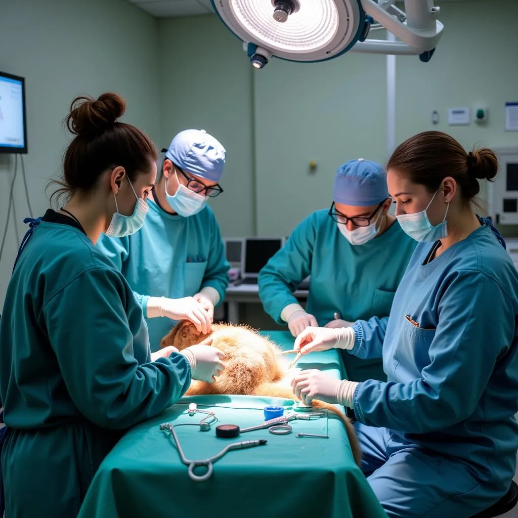 Veterinary team performing emergency surgery in a 24 hour animal hospital