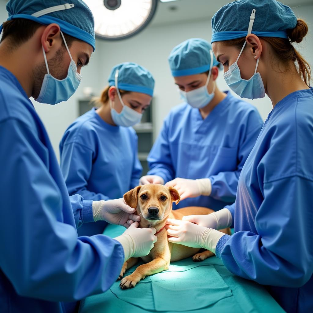 Veterinary team performing emergency surgery on a dog