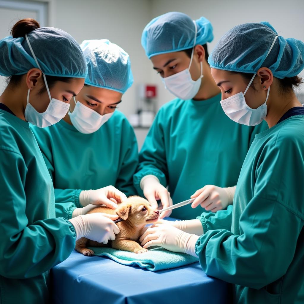 Veterinary team performing emergency surgery in a 24 hour facility