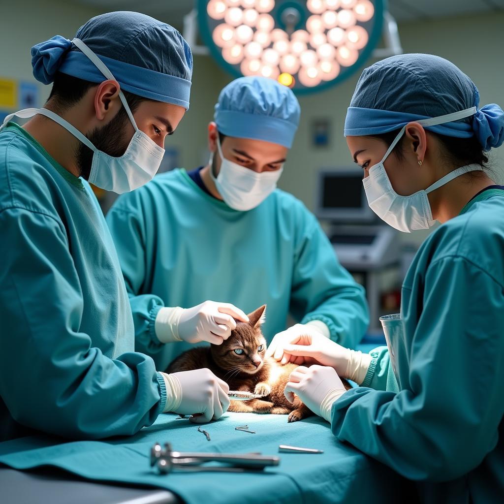 Veterinary team performing surgery on a cat