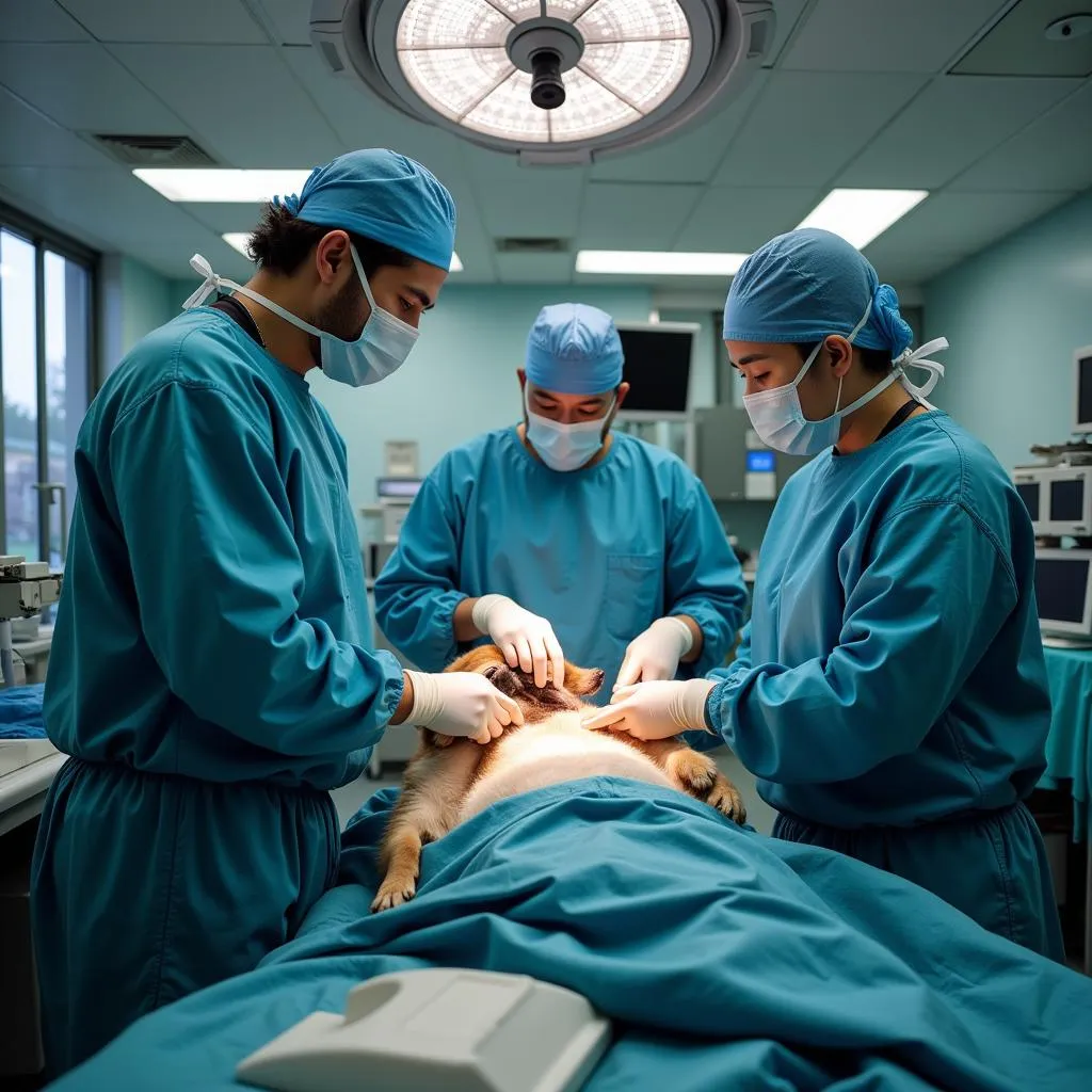 Veterinary team performing surgery on a dog