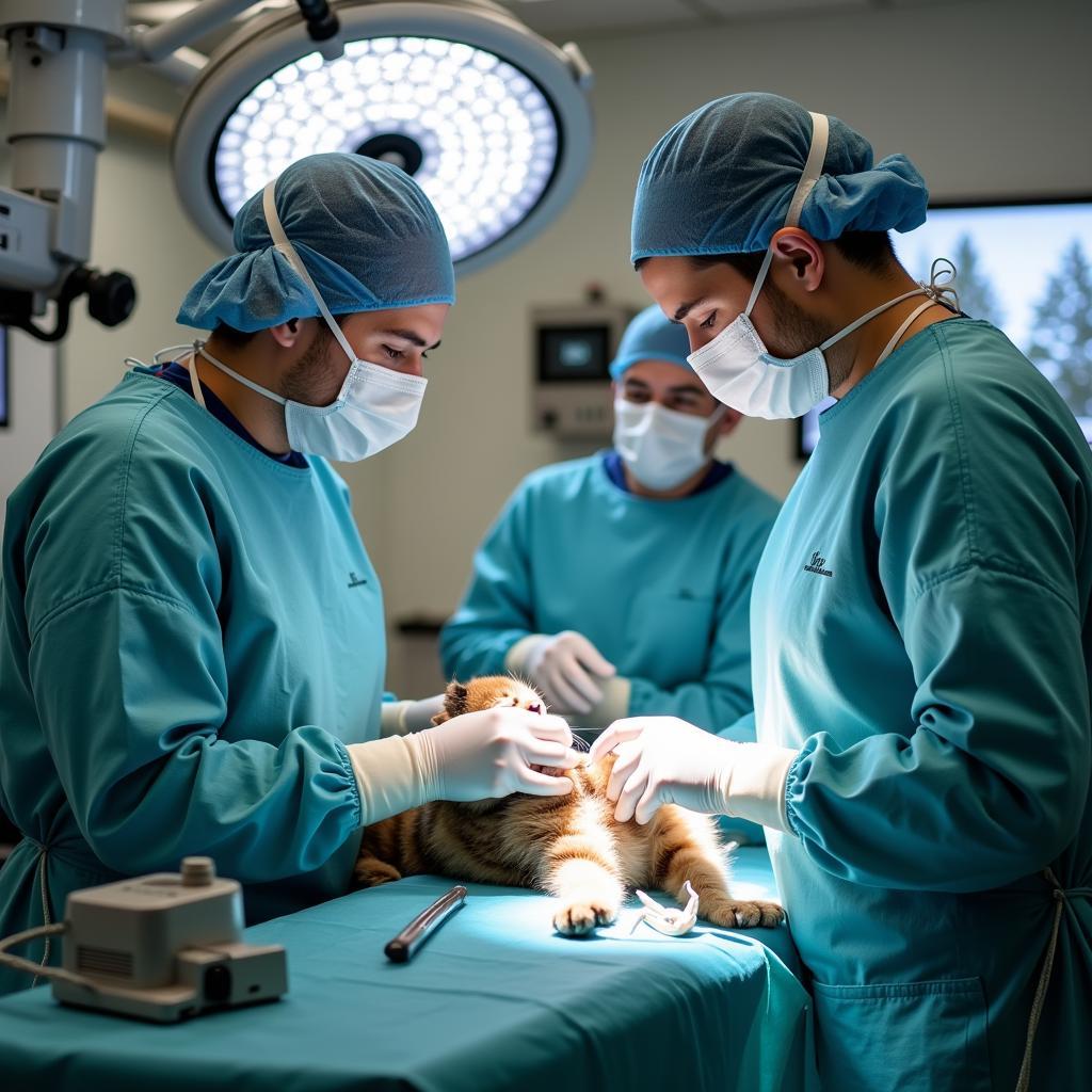 Veterinary Team Performing Surgery on Cat