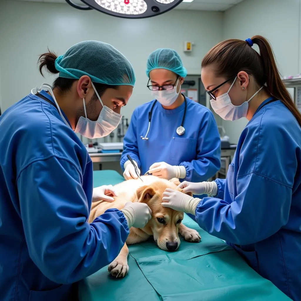 Skilled veterinary team diligently performing surgery on a dog in a modern operating room