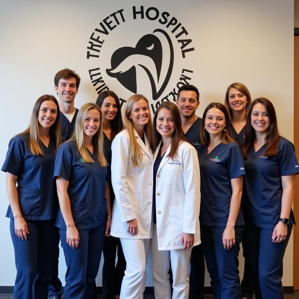 A team of five smiling veterinary professionals in front of the hospital logo