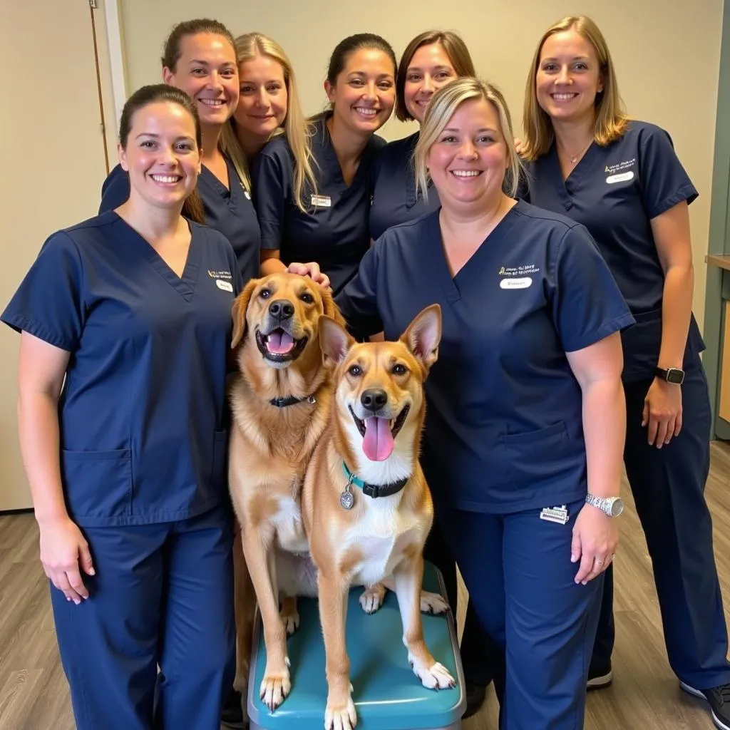 Smiling veterinary team posing with a happy dog