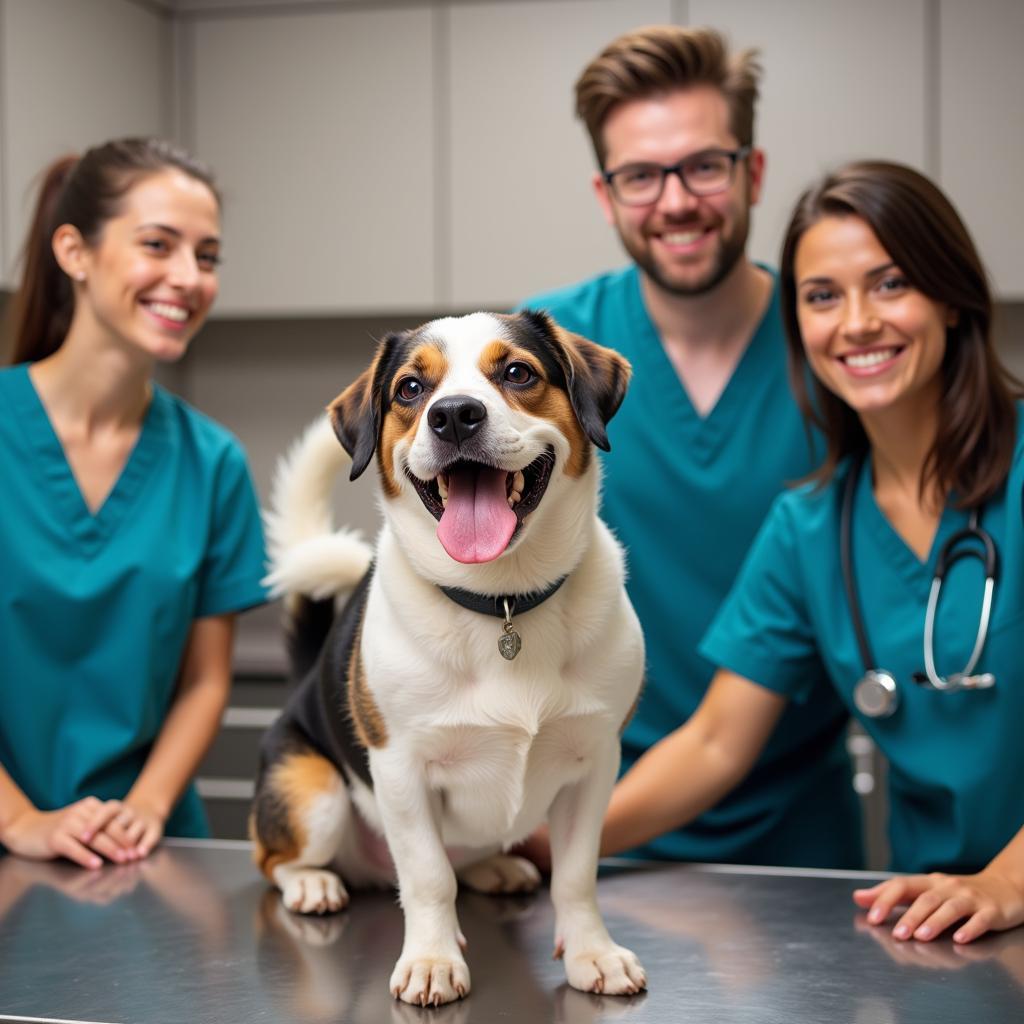 A happy dog surrounded by the smiling veterinary team