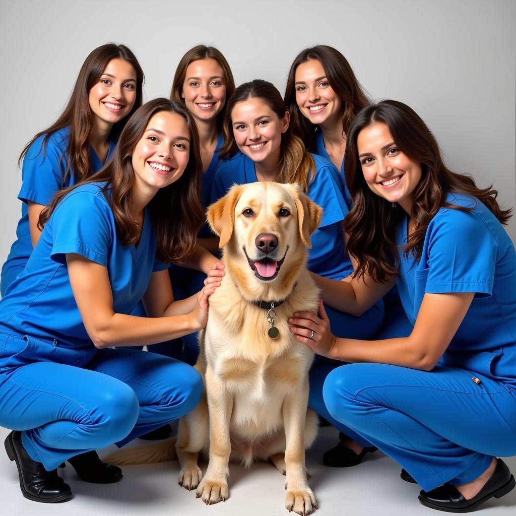 Veterinary team posing for a photo with a dog