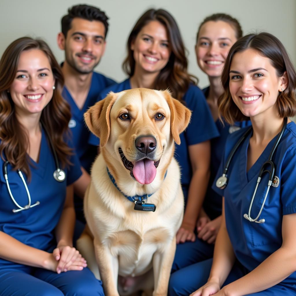 Our friendly veterinary team posing with a happy dog