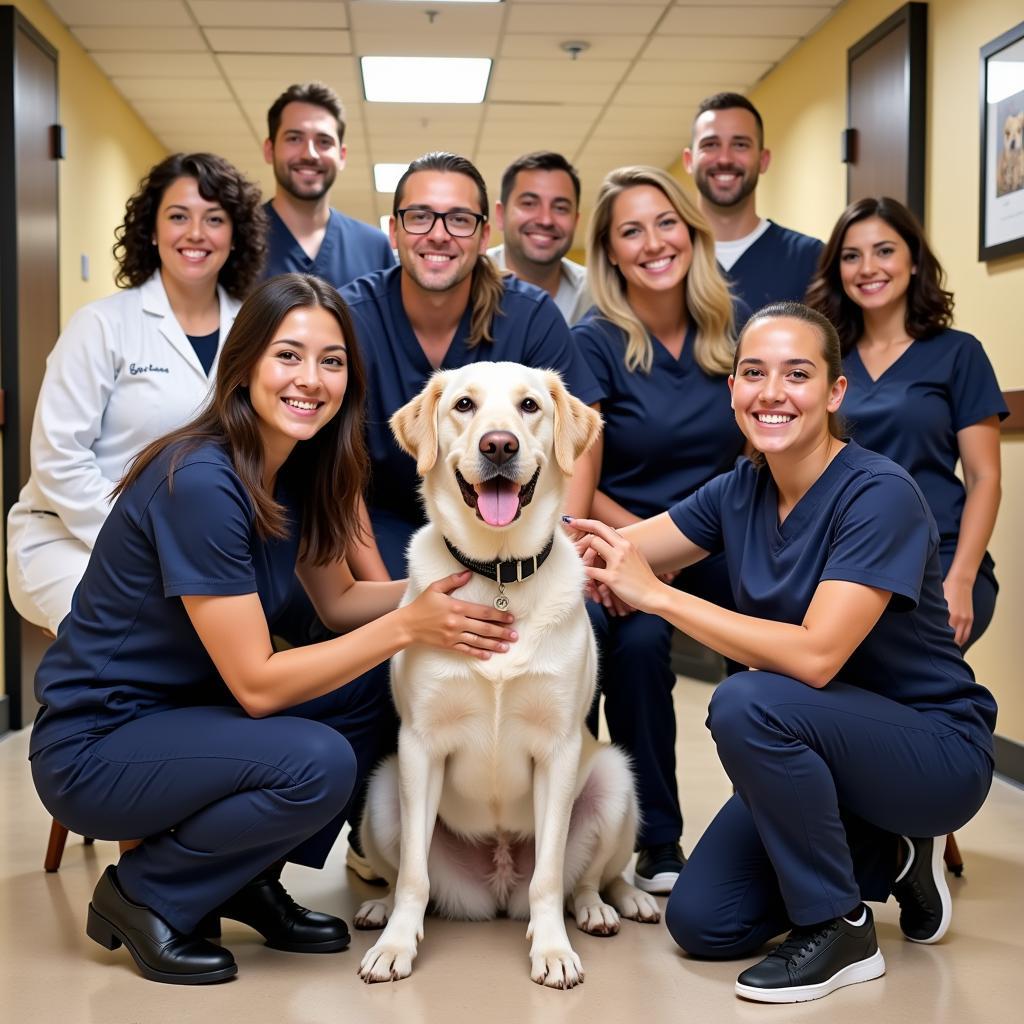 A happy team of veterinary professionals posing with a dog and its owner