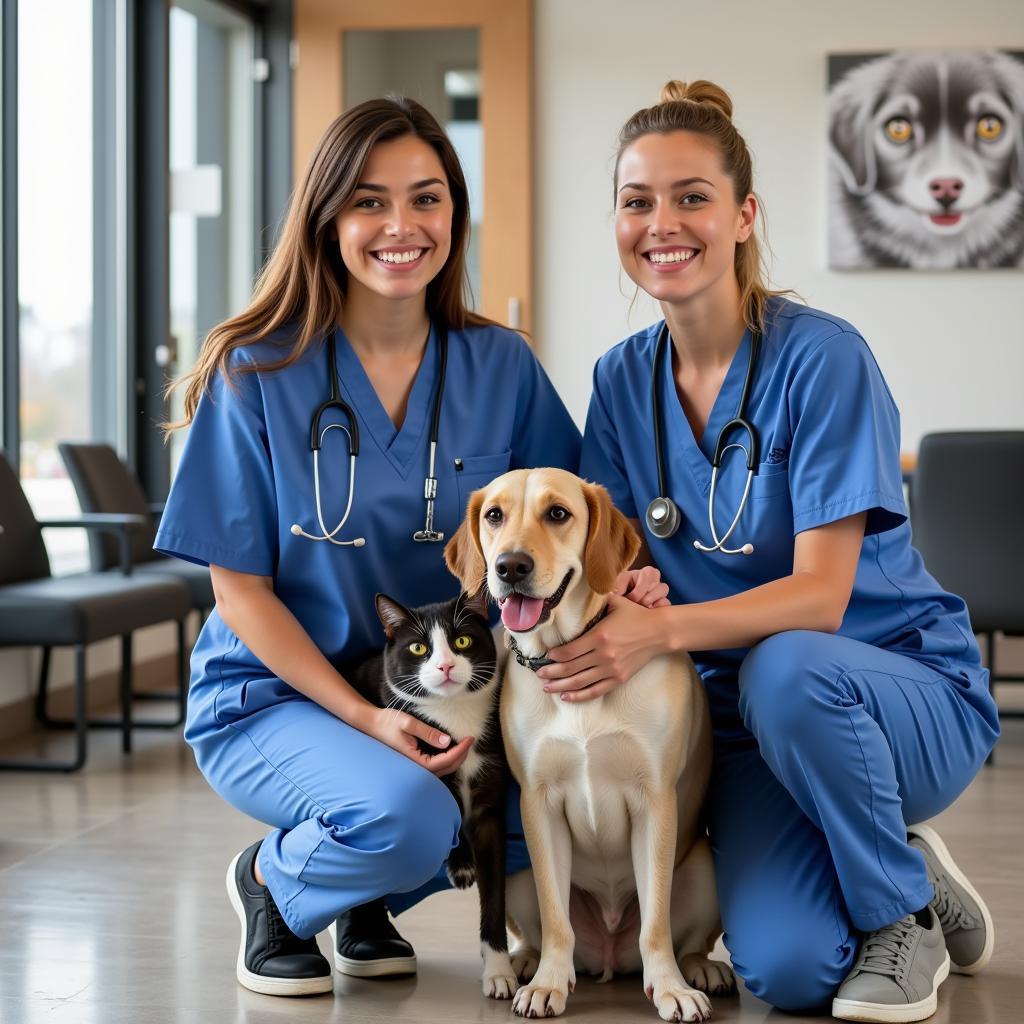 Happy veterinary team smiling and posing with a dog and cat in the waiting area