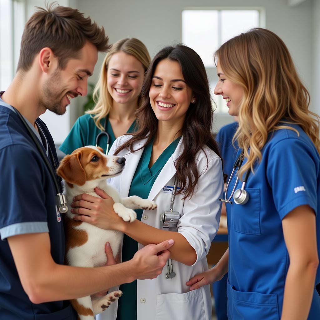 Happy veterinary team posing with a dog and a cat