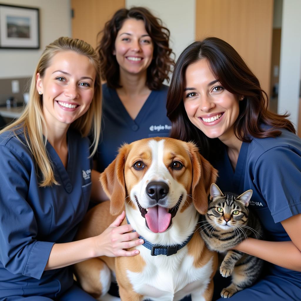 Veterinary Team Smiling with Dog and Cat