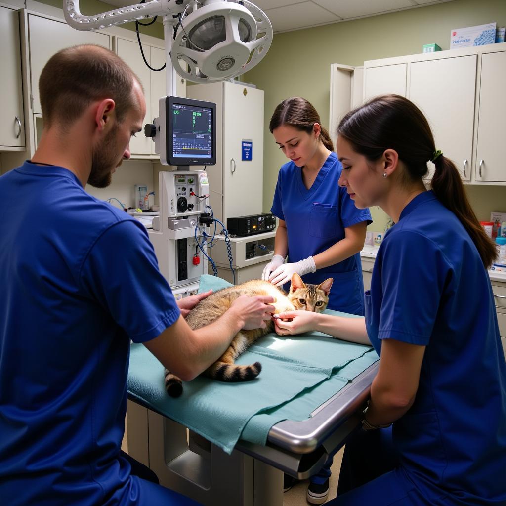 Veterinary Team Stabilizing a Cat