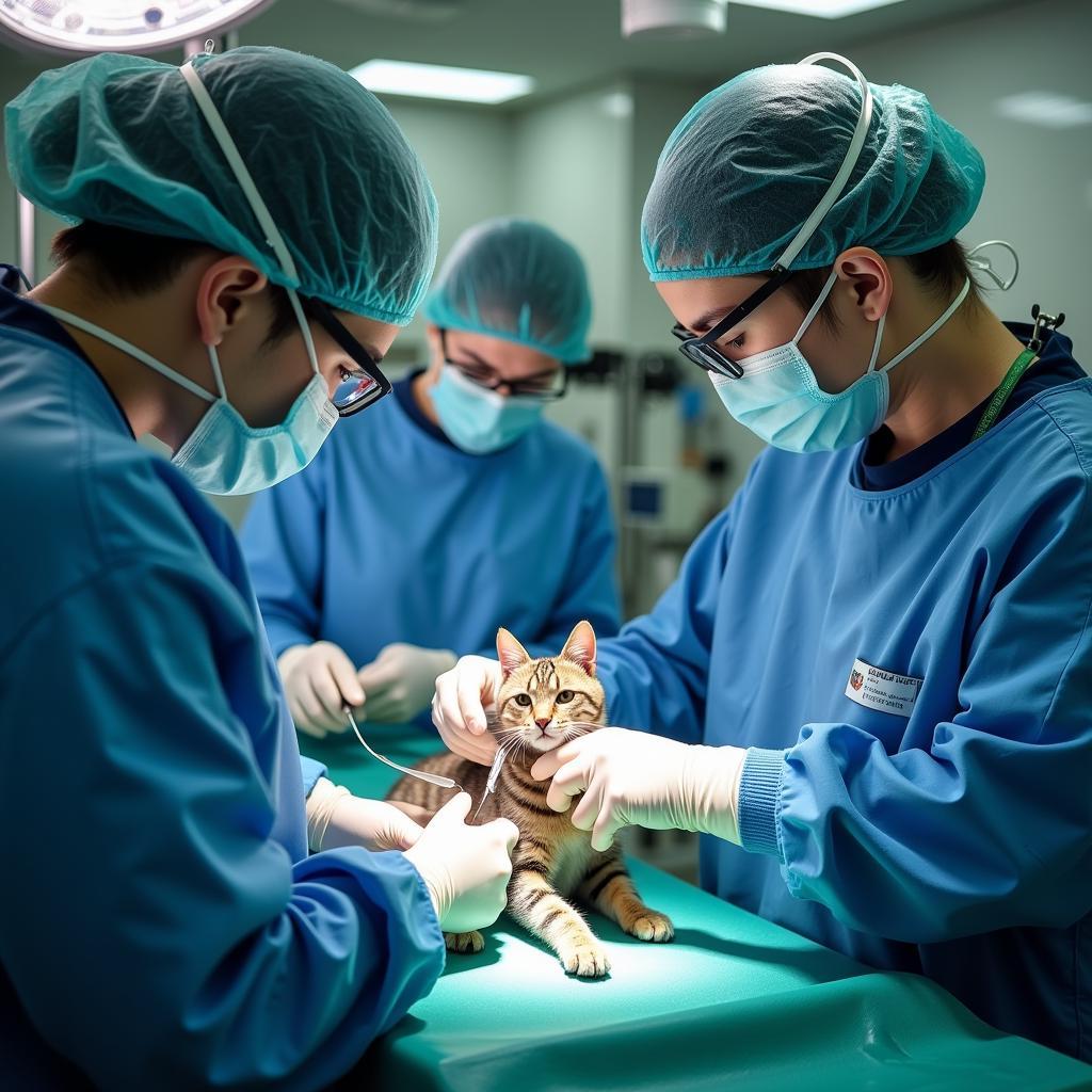 Veterinary team performing surgery on a cat