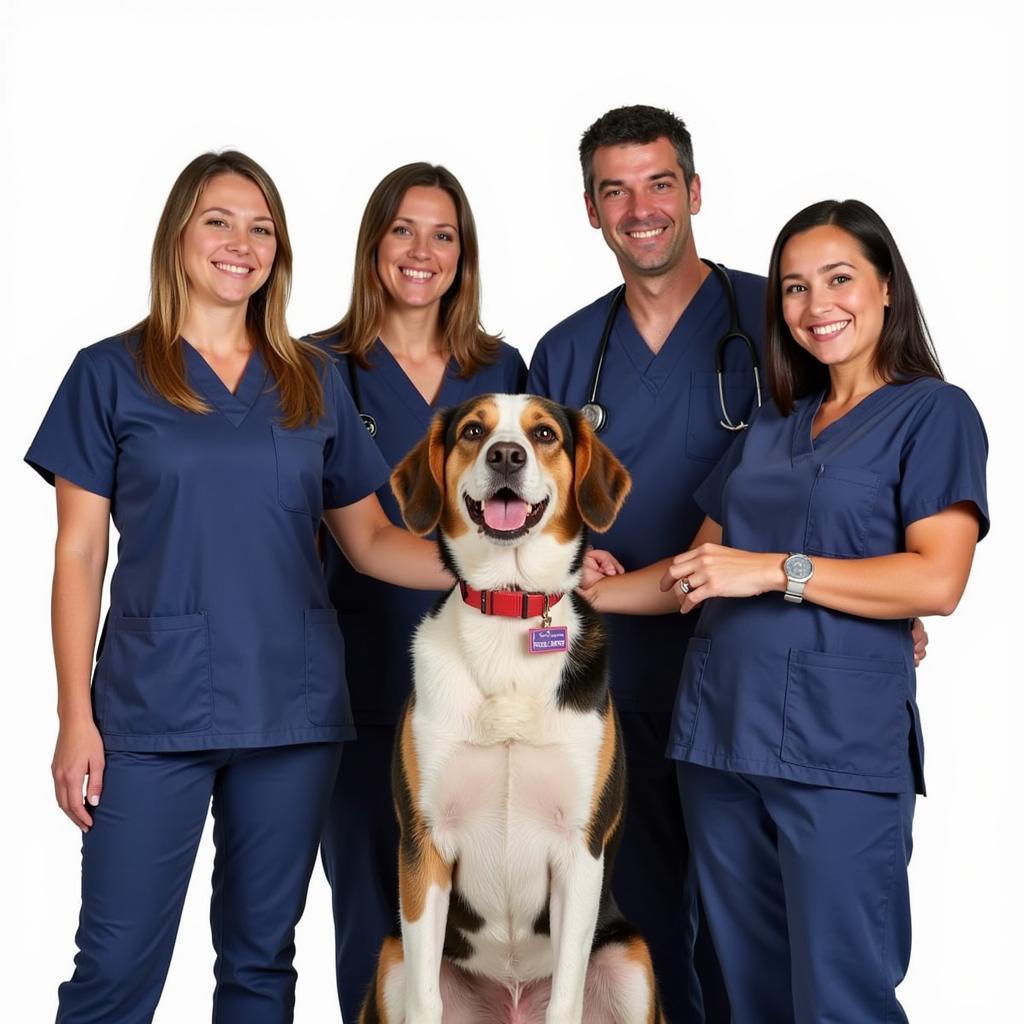 Happy veterinary team posing with a dog and its owner