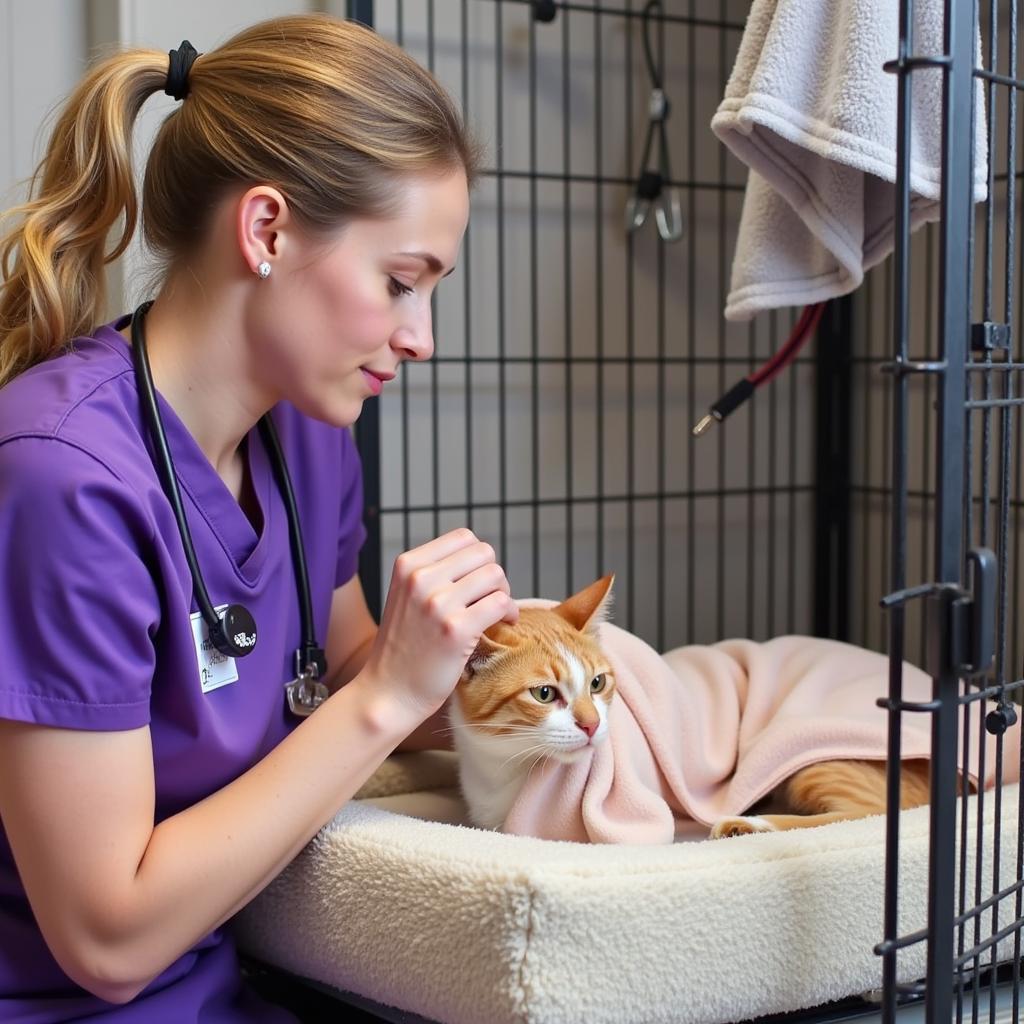 Veterinary technician comforting a cat after surgery