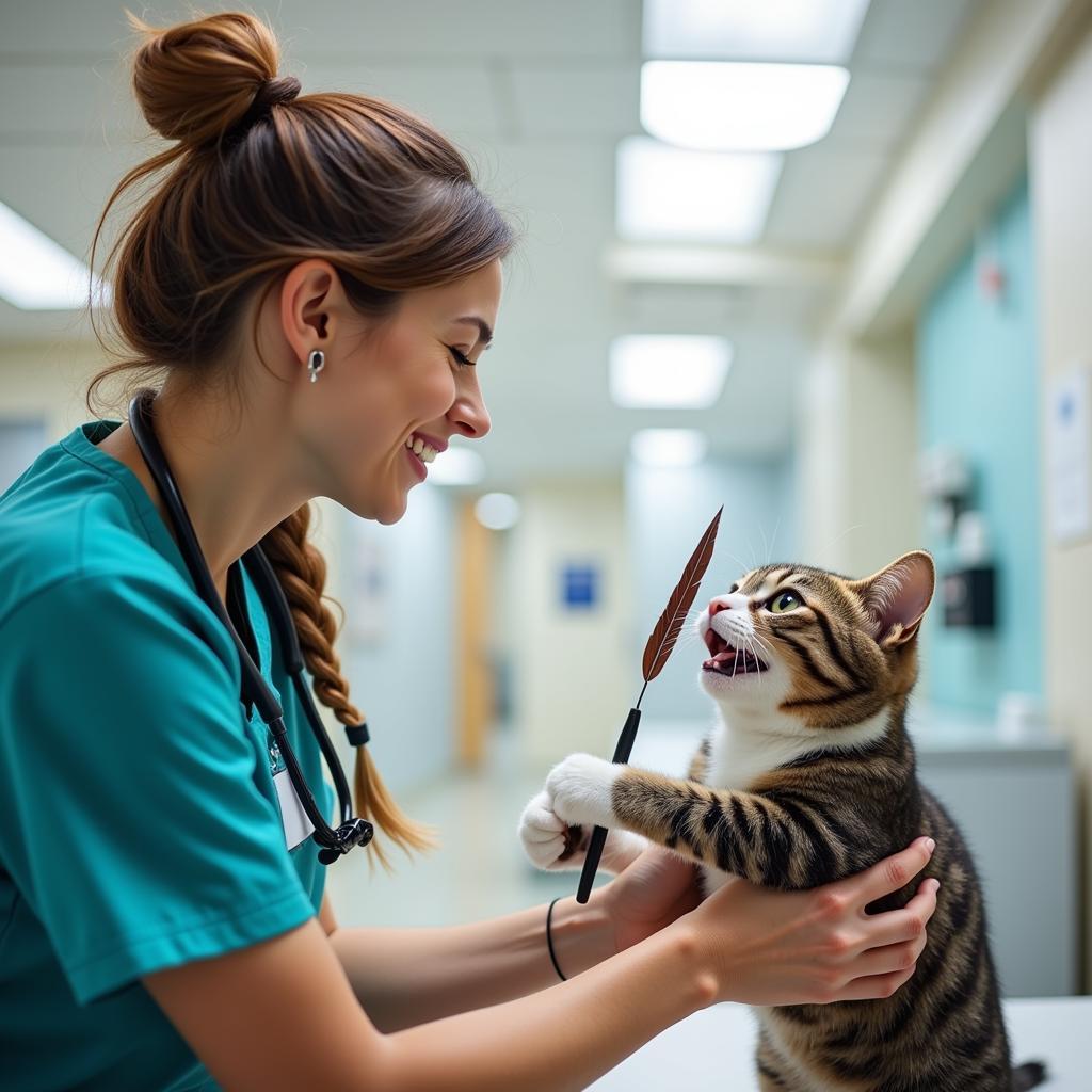 Veterinary Technician Playing with Cat