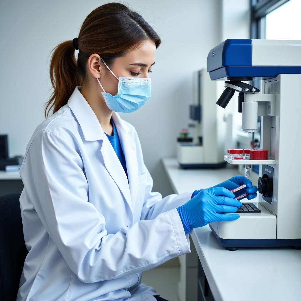 Veterinary technician analyzing a blood sample