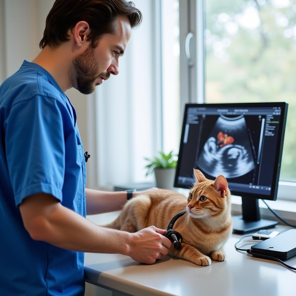 Veterinarian using ultrasound technology to diagnose a cat