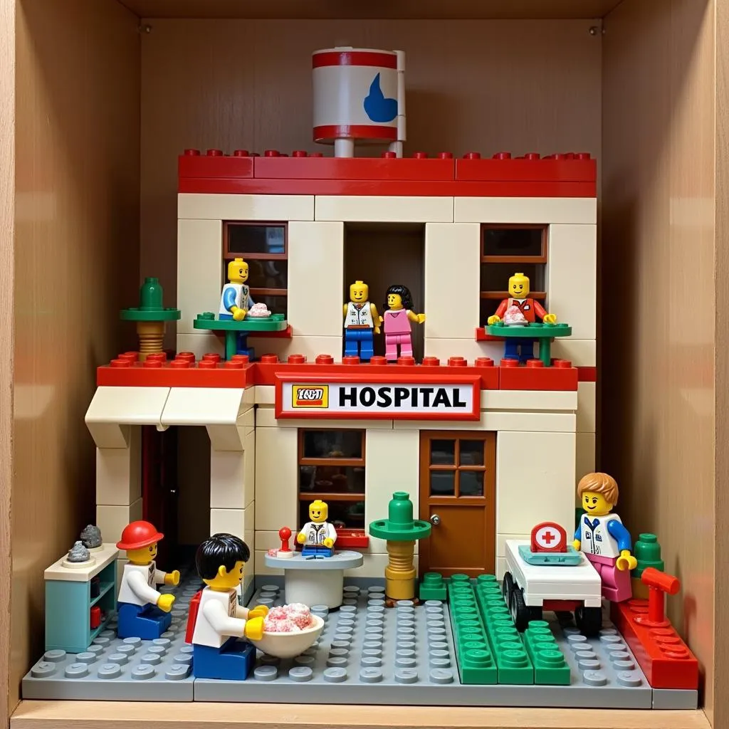 A cherished vintage Lego classic hospital set, proudly displayed on a shelf