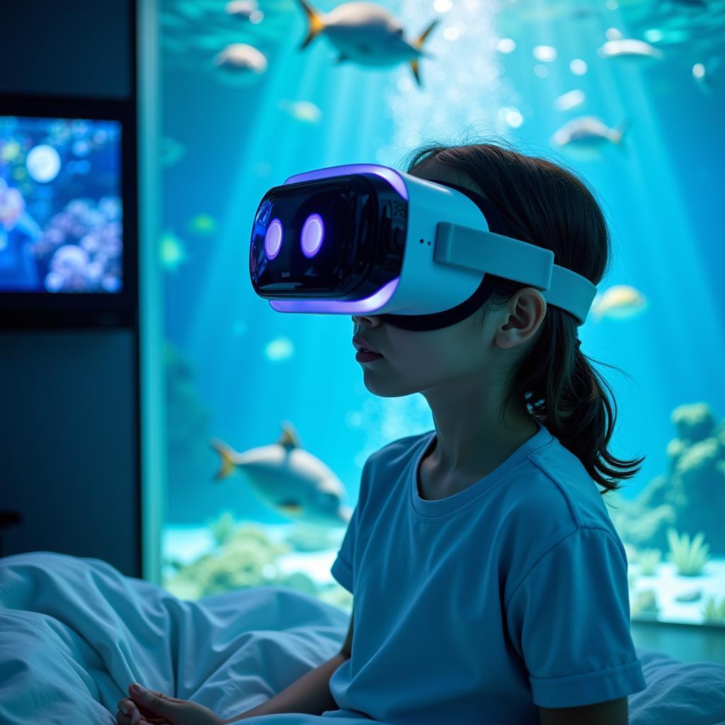 A child experiencing virtual reality in a hospital setting, wearing a VR headset and smiling.