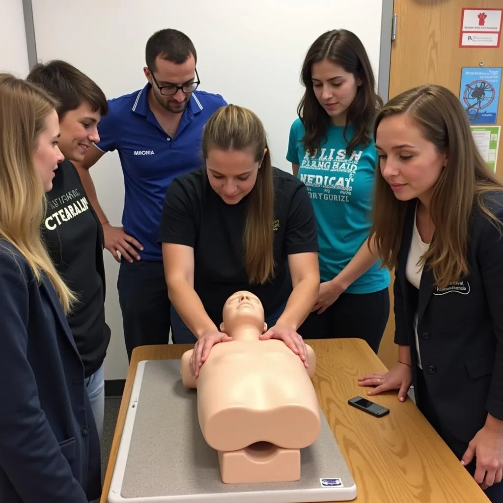 Participants learning CPR at a Hospital Week simulation station.