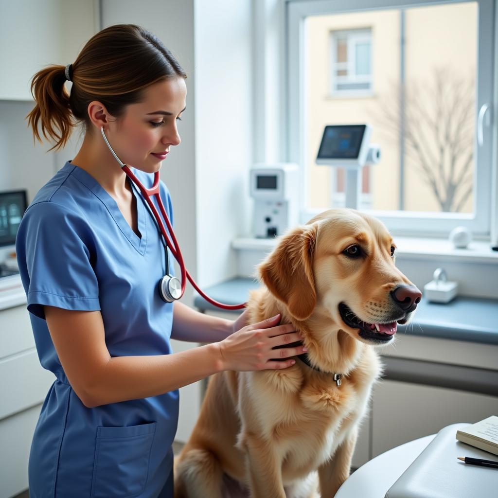 Veterinarian examining a dog in a clean and modern exam room.