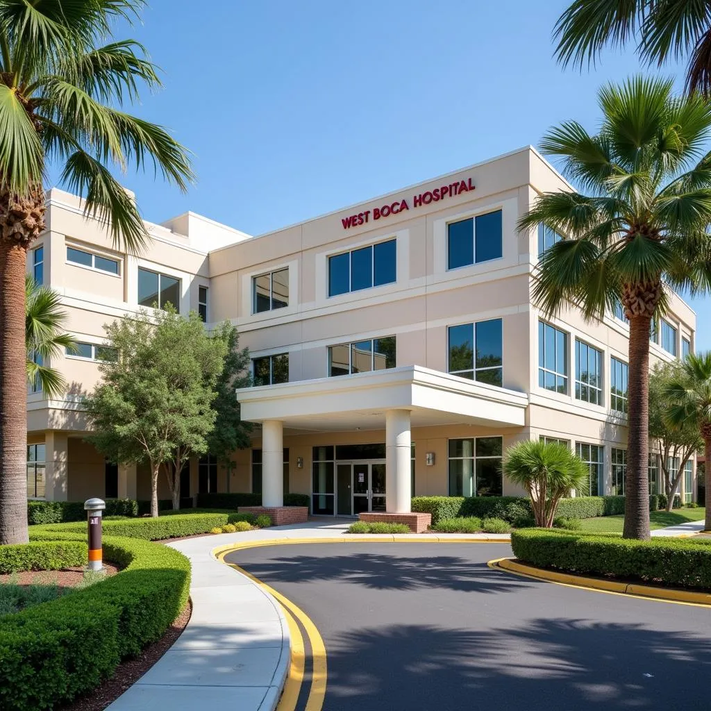 Modern hospital building with lush landscaping