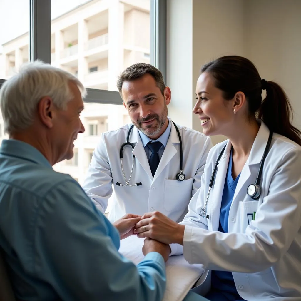 A doctor and nurse interacting with a patient in a hospital room