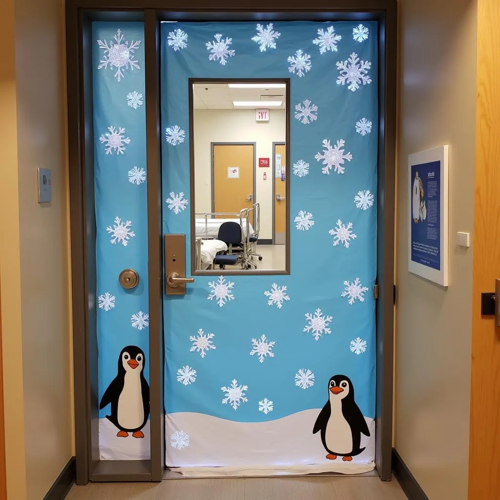 Hospital door decorated as winter wonderland