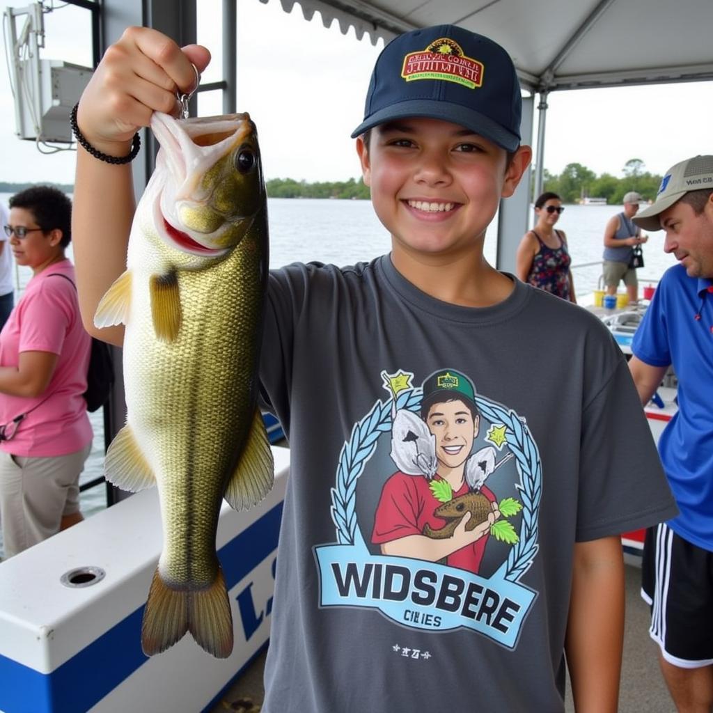 Excited angler holding up a largemouth bass at the tournament weigh-in