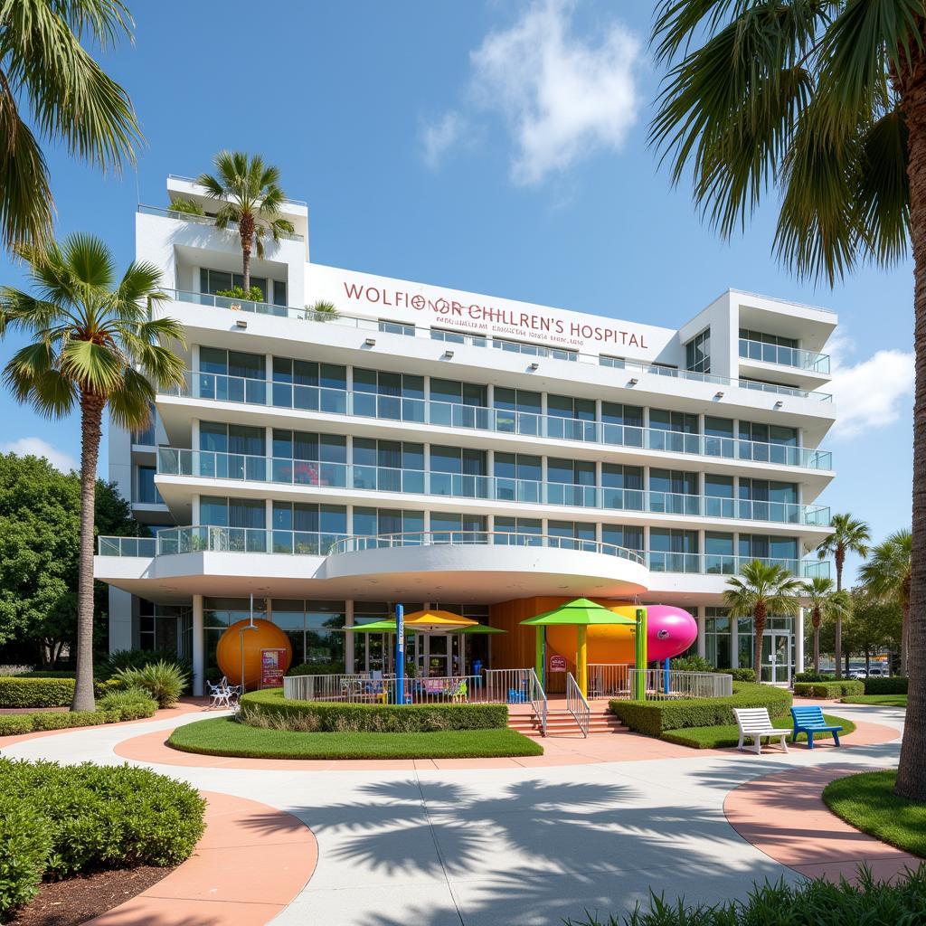 Modern hospital building with a colorful play area in the foreground