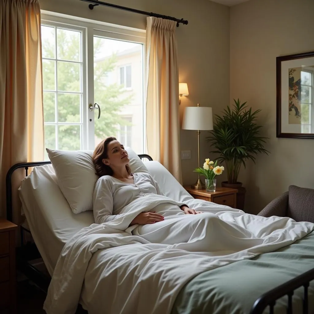 Woman relaxing in a queen size hospital bed