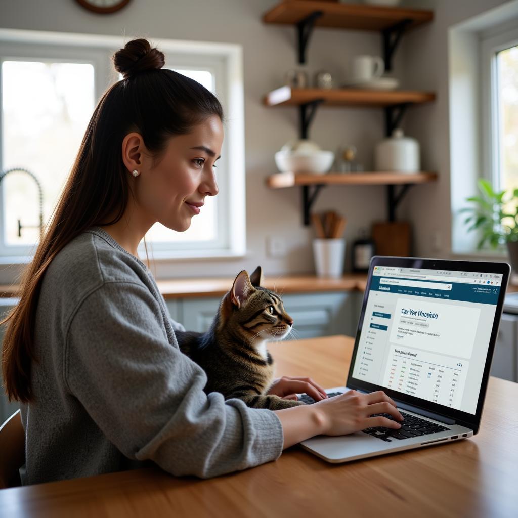 Woman Using Laptop to Research Veterinary Care Options